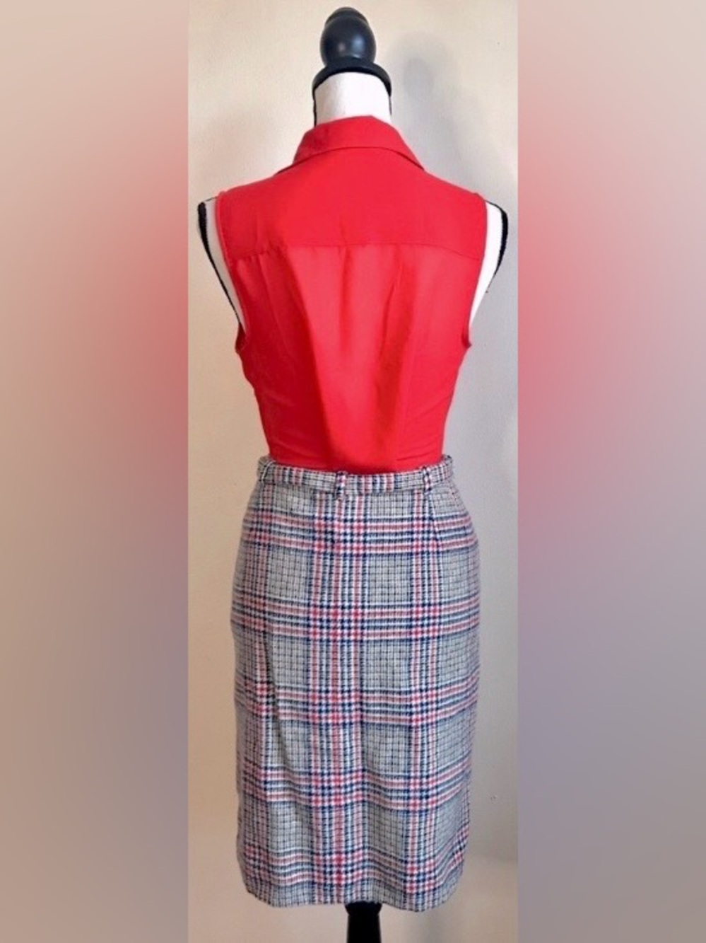 Vintage Plaid Wool Pencil Skirt-Khaki Beige, Red, Blue: Waist Tie, Sz. M/ Sz. 8 - Picture 5 of 7